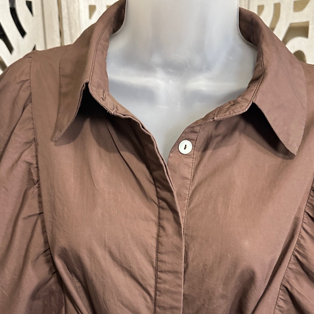Size M Reminiscene Brown Puffy Sleeve Tie Waist Shirt Dress - Picture 7 of 16